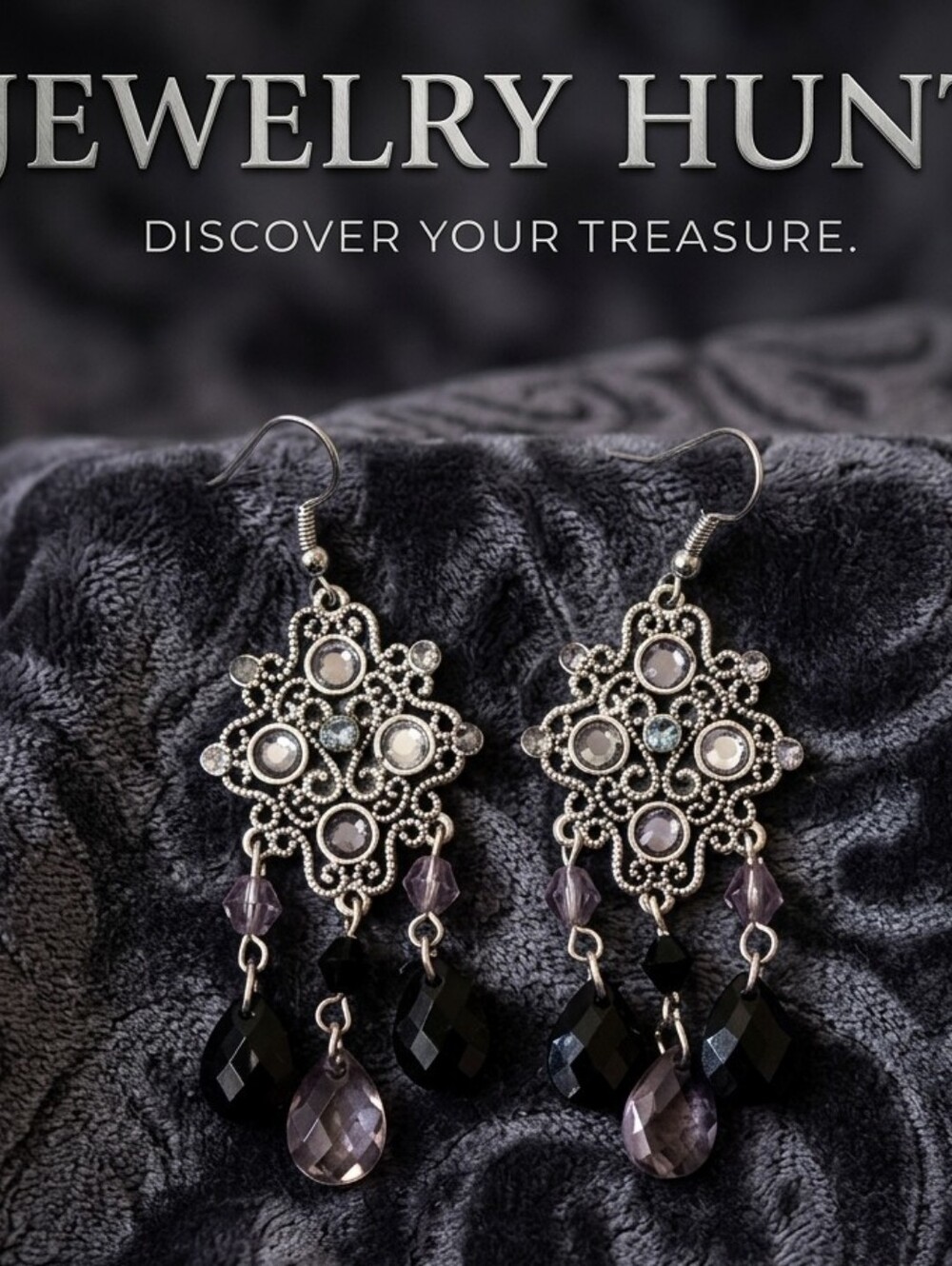 Silver Filigree Drop Earrings with Purple and Black Beads